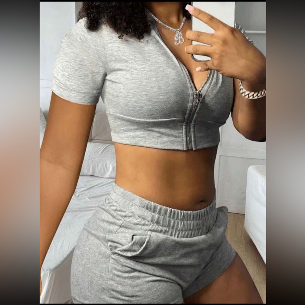 Gray Zip-Front Crop Top & Shorts Set